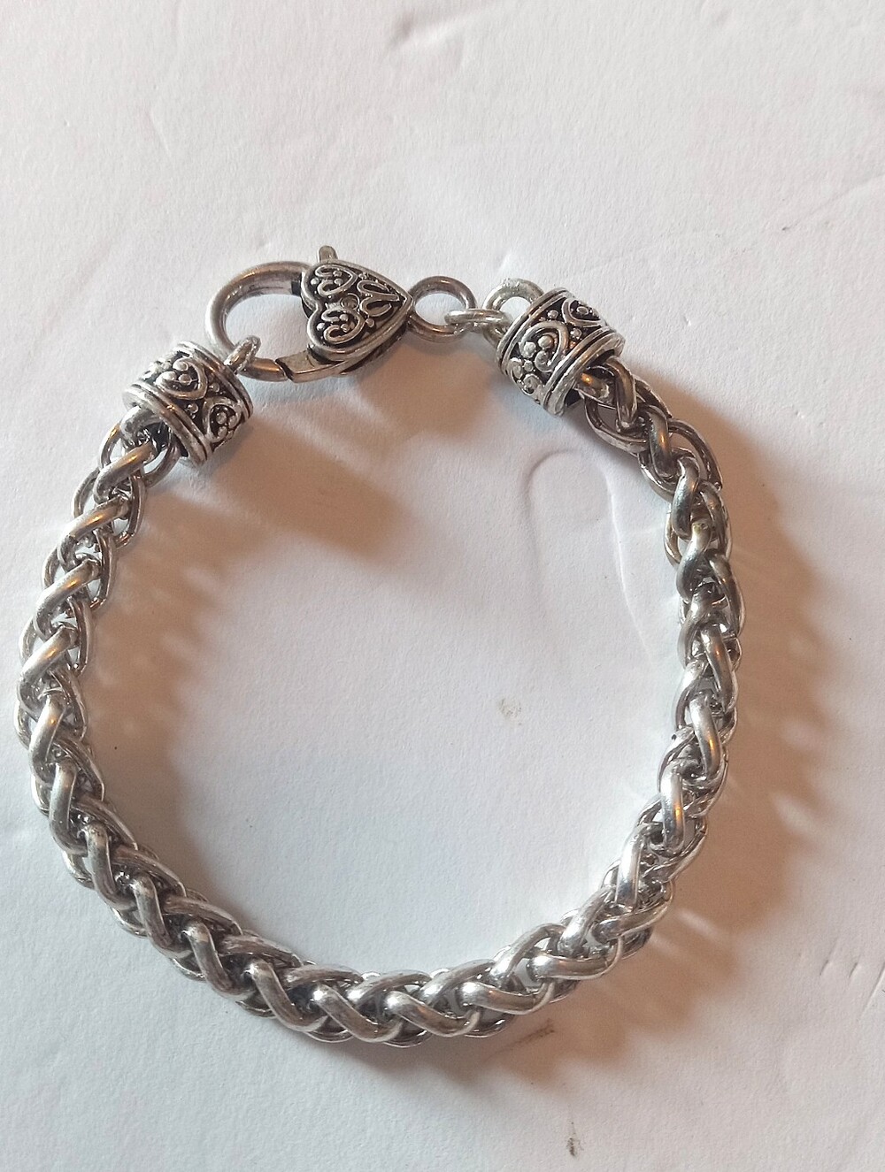 Silver Tone Woven Rope Chain Bracelet With Heart Clasp 7.5" Length